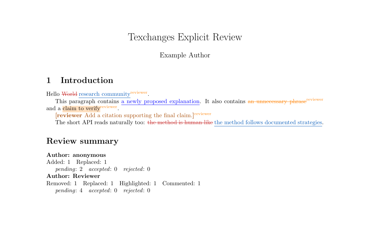 A LaTeX page compiled in review mode. Replaced text is struck through in red with the replacement underlined in blue, each change carries a superscript reviewer name, and a generated summary below counts the changes per author.