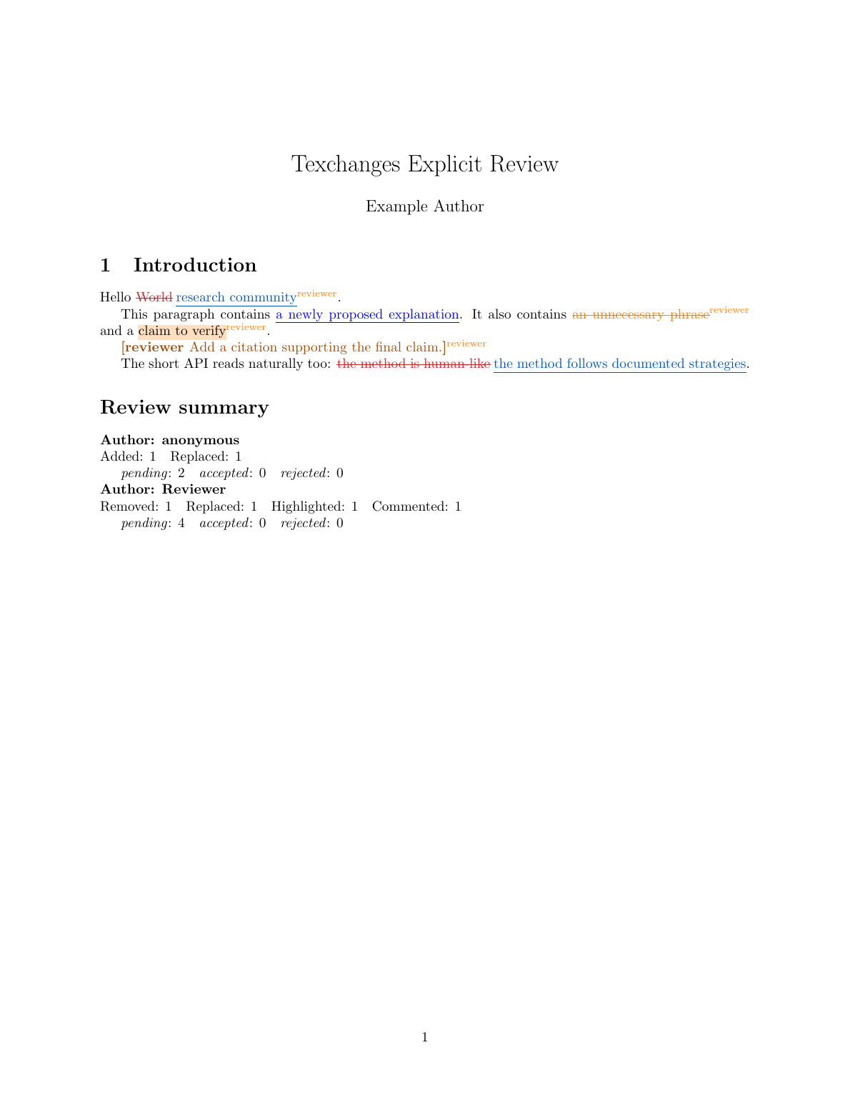 Review mode showing additions, removals, replacements, and a generated review report.